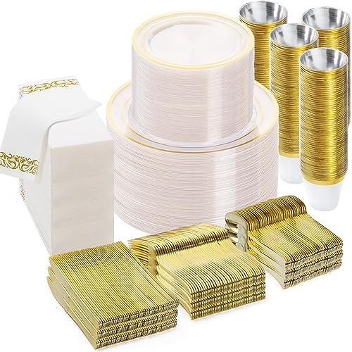 BESTVIP 700PCS Clear Gold Disposable Dinnerware Set for 100 Guests, Plastic Plates for Party, Wedding, Include: 200 Plastic Plates, 100 Gold Silverware, 100 Cups, 100 Napkins