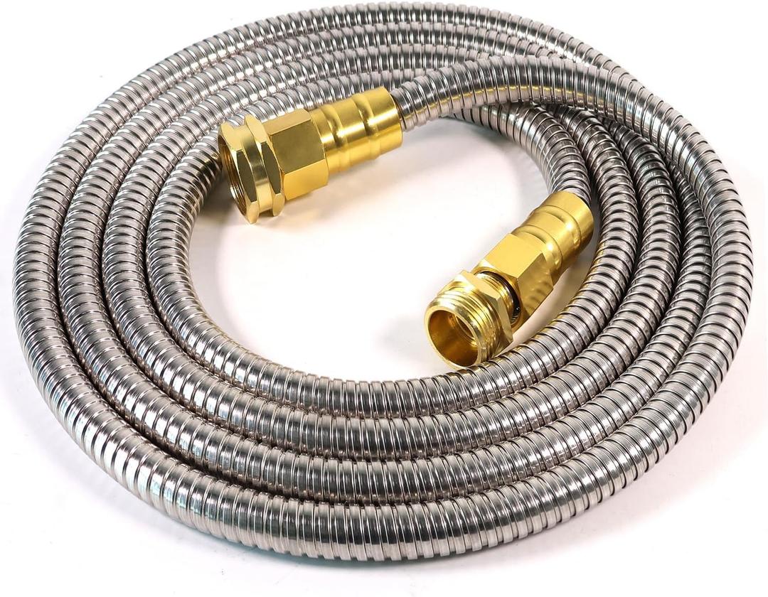 Short Metal Garden Hose 15 ft  304 Stainless Steel Water Hose with 3/4 Brass Fitting, Garden Hoses Flexible, Lightweight, No Kink, Heavy Duty for Outdoor (15 ft) (Silver)