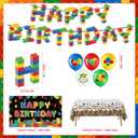 144pcs Building Block Birthday Party Decorations Includes Plates, Napkins, Cake Toppers, Banner, Hanging Swirls, Tablecloths, Balloons, Backdrop, Temporary Tattoos for Building Block Party Decorations