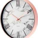 mDesign Modern Stylish Wall Clock for The Office, Bedroom, Kitchen, Bathroom, 11.5 Inch Diameter - Rose Gold Frame and Hands, Large Black Numbers on a Marble Background with a Clear Glass Cover