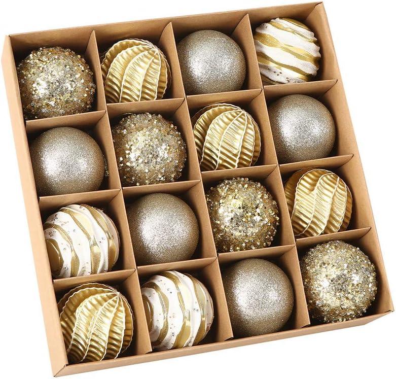 Sattiyrch 16ct Christmas Balls Ornaments Set 80mm/3.15",Shatterproof Plastic Decorative Xmas Tree Ornaments Set with Exquisite Designs (Golden)