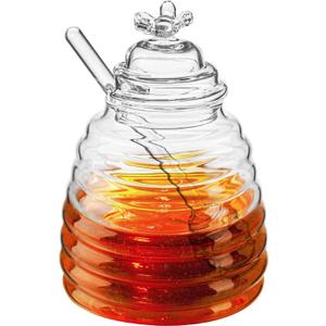 Hedume Honey Jar with Dipper and Lid, Honey Bee Pot, 17oz Glass Beehive Honey Pot for Home Kitchen