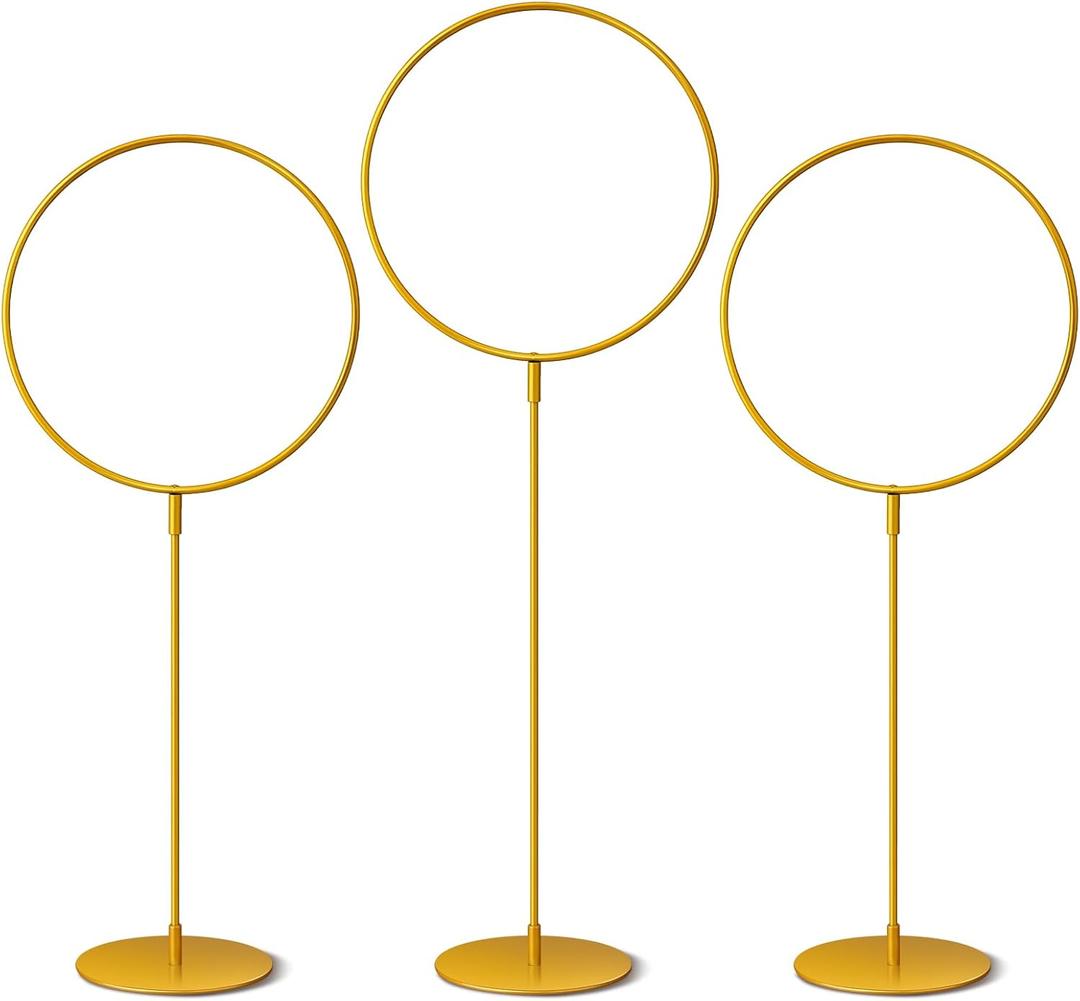 3 Pieces Gold Metal Round Hoop with Stand Standing Gold Ring Centerpieces Large Goal Posts for Party House Birthdays Decoration(5.51 Inches)