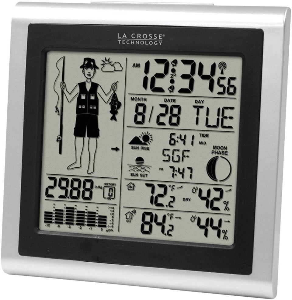 La Crosse Technology 308-1451 Atomic Forecast Station with Fisherman Icon, In/Out Temperature, Humidity, Barometer, Sunrise/Sunset, Dual Alarms