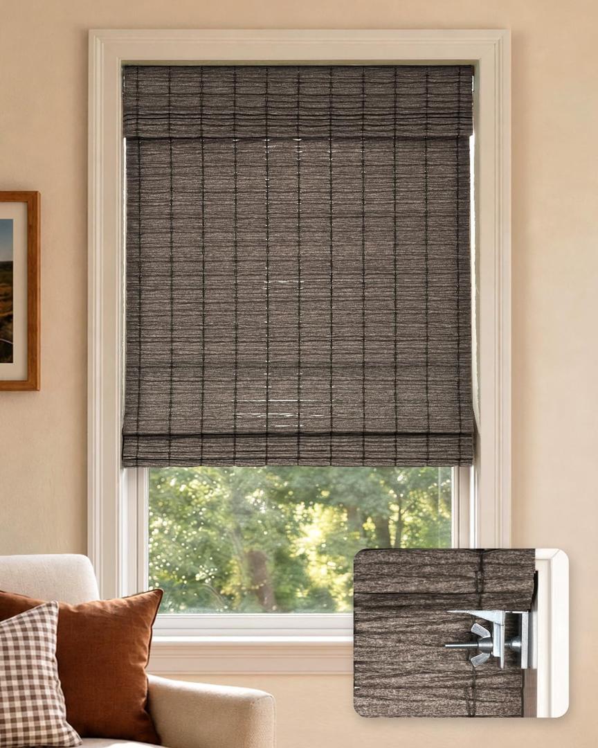 LazBlinds No Drill Cordless Roman Shades, 29" W x 64" H, Dark Grey