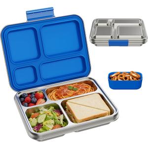 BABHAMNESS Stainless Steel Kids Bento Lunch Box, 4-Compartments with Silicone Container, Dishwasher-Safe, Child-Friendly Design for School and Travel, BPA-Free (Blue)