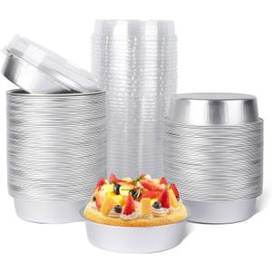 Beasea Mini Pie Pans with Lids, 120 Pack 4 Inch 8oz Disposable Mini Cake Pans Creme Brulee Aluminum Foil Pie Tart Ramekins Tins Silver Small Individual Round Containers Oven Safe for Baking