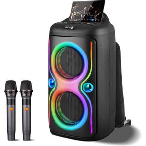Karaoke Machine with 2 Wireless Microphones for Adults,Portable Karaoke Speaker with 2 x 6.5 Subwoofers and Pulsed Lights,Backpack and Carry-On Design for Family Gatherings and Outdoor Activities