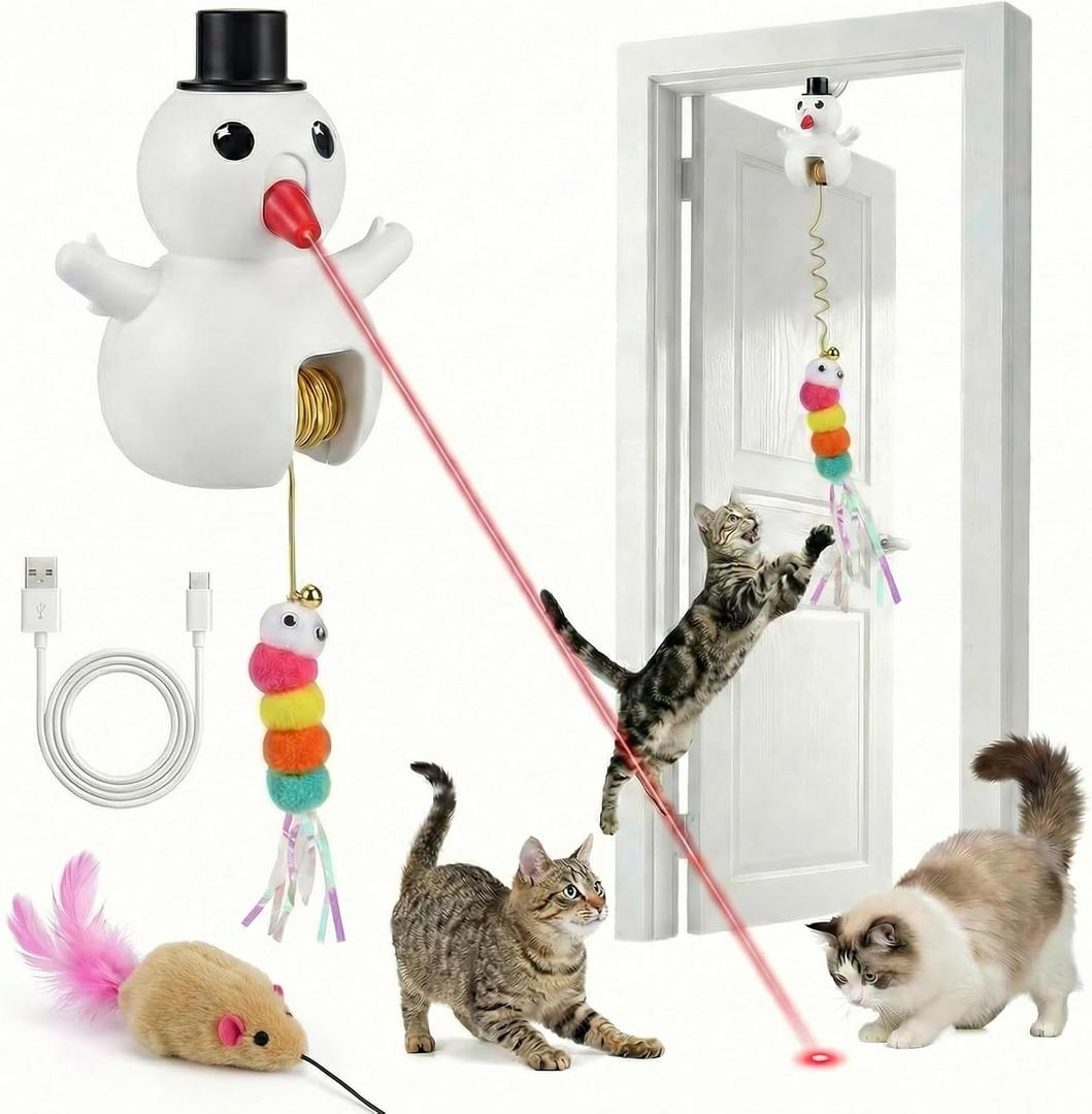Luxelle Interactive Cat Toy for Indoor Cats, Automatic Hanging Cat Toy with 6.5ft Retractable Elastic Cord, Motion & Laser Play Modes, USB Rechargeable, Wall & Door Mount Toy