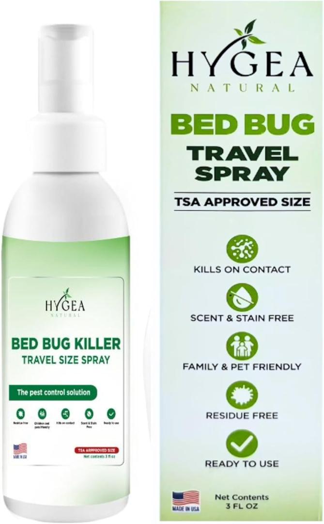 Hygea Natural Lice, Mite, and Bed Bug Natural Travel Spray - TSA Approved size  Child & Pet Friendly  Immediate results  Stain & Odor Free, For Hotels, Suitcase, Backpack, Shoes, Bed Bug Spray(3oz) (Regular Strength Spray)