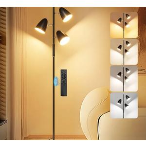 QiMH LED Floor Lamp for Living Room, Modern Dimmable Standing Lamp with 4 Color Temperature,Remote and Touch Control, Tree Floor Lamp for Bedroom with 3 Rotatable Lights Bright Stand up Lamp, Black