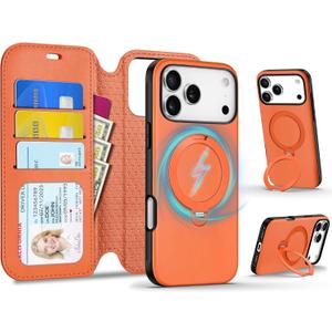 TUCCH Removable Case Wallet for iPhone 17 Pro Max, 3 Card Slots RFID Blocking, Adjustable 360 Rotation Ring Kickstand, Slim Wireless Charging 2-in-1 Magnetic PU Leather Shockproof Cover 6.9", Orange