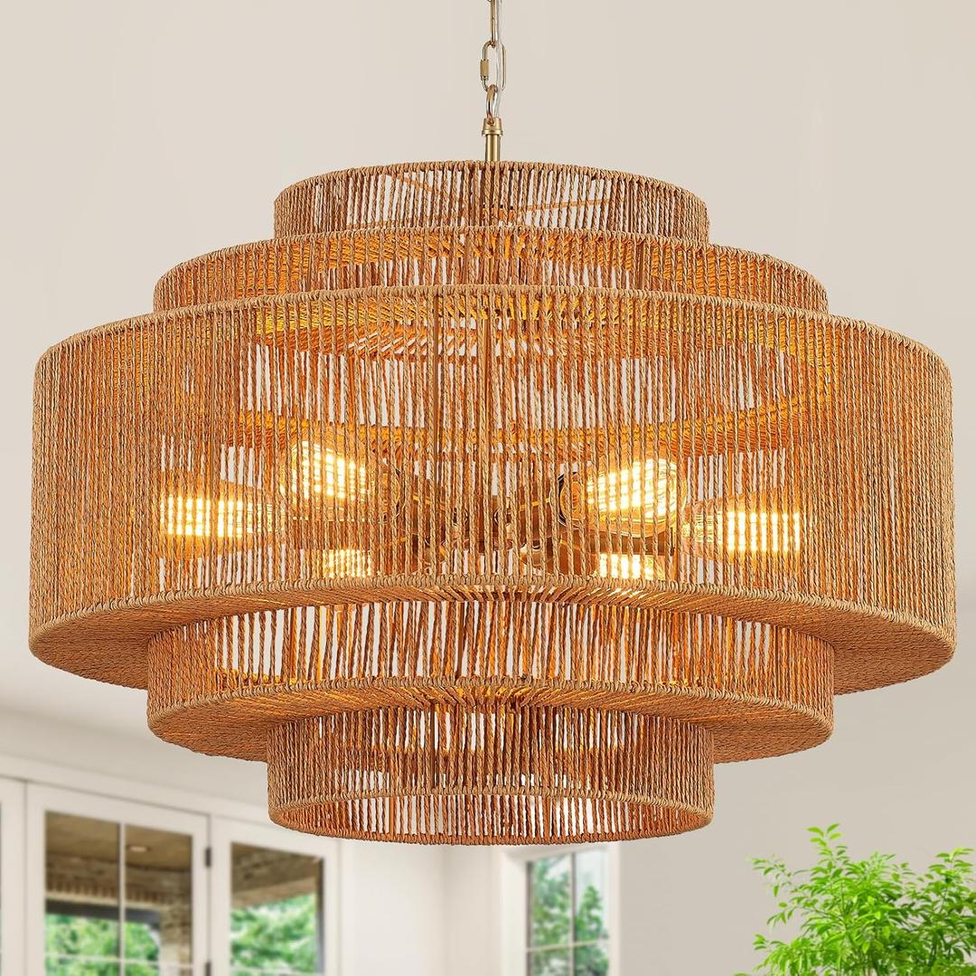 Hand-Woven Rattan Chandelier Large Boho Chandelier Living Room 25.6in Coastal 6-Light Farmhouse Vintage Wicker Bamboo Chandeliers for Bedroom Dining Room Stairway