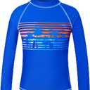 UNIFACO UPF 50+ Little Boys Long Sleeve Rash Guard Swim Shirt Premium Sun Shirt for 1-8 Years (6-7 Years, A-royal Blue With Sunset Palm)