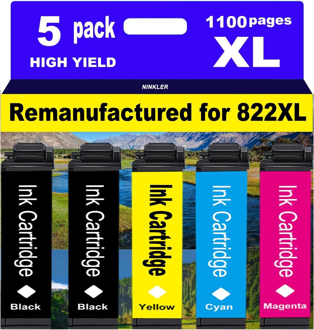 NINKLER for 822XL Remanufactured for Epson 822XL Ink Cartridges for 822 XL T822 Workforce Pro WF-3820 WF-3823 WF-4820 WF-4830 WF-4833 WF-4834 Printer 5 Pack 2 Black 1 Cyan 1 Magenta 1 Yellow