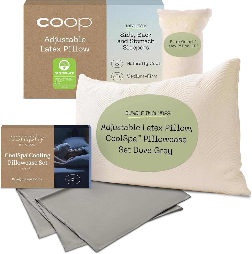 Coop Sleep Goods Adjustable Latex Pillow & Comphy by Coop CoolSpa Pillowcase Set Dove Grey Queen Bundle