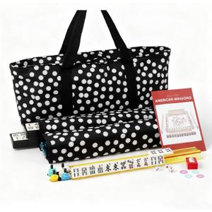 IFNOW American Mahjong Game Set - Portable Bag 166 Premium Tiles with 4 All-in-One Rack,100 Chips, Wind Indicator, English Manual Easy Carry Full Size Complete Mahjong Set (Polka Dot Bag Mahjong Set)
