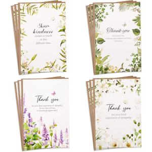 Crisky 50 Pack Funeral Thank You Cards with Message Inside Envelopes and Stickers Watercolor Greenery Plants Floral 4 Assortment (50 Pieces, Assorted Floral)