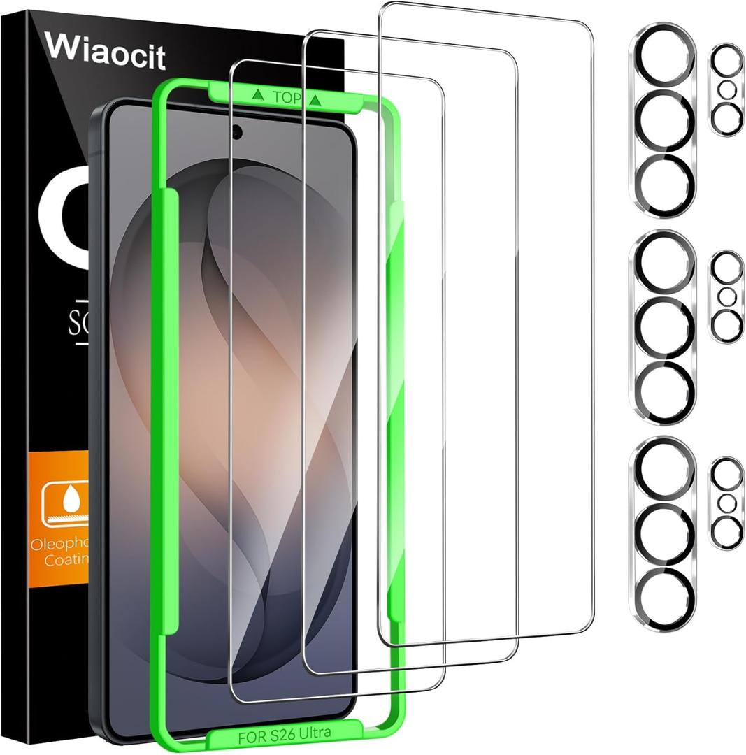 3 x Wiaocit 3 Pack Tempered Glass Screen Protector for Samsung Galaxy S26 Ultra with 3 Pack Camera Lens Protector, 9H Hardness, Bubble Free, Case Friendly