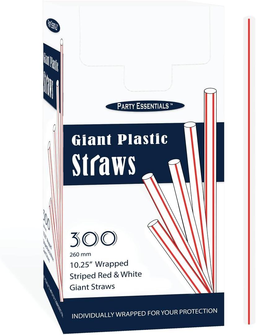 Party Essentials Pack of 300 Disposable Individually Wrapped 10.25 Inches Long Giant Plastic Drinking Straws, Striped Red & White