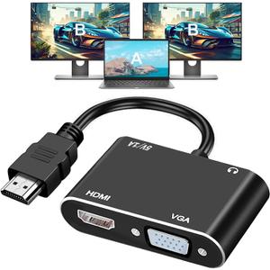 HDMI to VGA+HDMI Adapter for Dual Monitor, HDMI to VGA, HDMI to HDMI Splitter 2-in-1,1080P@60HZ Full HD Display Video Converter Compaitble with Windows/Mac Os/Linux, Plug & Play