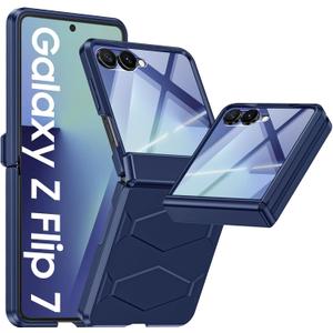 Vizvera for Samsung Galaxy Z Flip 7 Case with Hinge Protection, Built-in Screen Protector Shockproof All-Inclusive Phone Cover for Z Flip 7-Blue