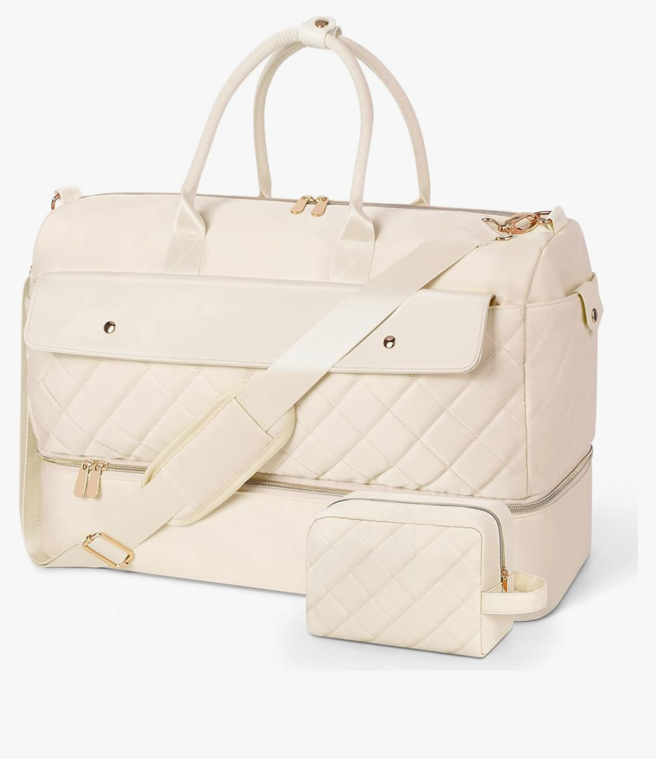 Wedama Travel Duffel Bag, Large Weekender Bag for Women with Shoe Compartment, Carry on Overnight Bag with Toiletry Makeup Bag, Gym Duffel Bag Travel Tote Bag for Travel Gym Camping Hospital, Beige