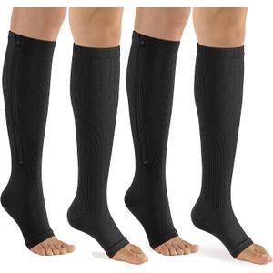 bropite Zipper Compression Socks Women & Men - 2Pairs Calf Knee High 15-20mmHg Open Toe Compression Stocking suit for Walking, L/XL