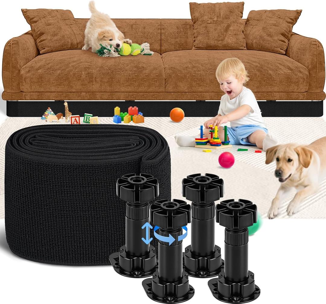 Under Couch Blocker for Pets &Toys, Under Bed Blocker for Furniture Gap Guard Stops Lost Toys, Adjustable Elastic Strap with Level Feet Easy Install Fits Right-Angle Furniture Legs (L132 H5) (Black)