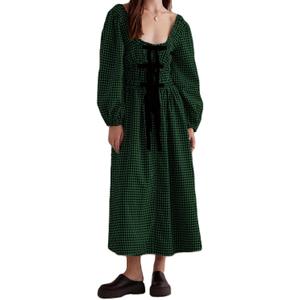 Women Plaid Maxi Dress Long Puff Sleeve Square Neck Flowy Boho Dress Bow Tie Smocked Fall Dresses (Small, Green)