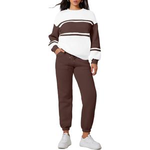 Herseas Womens 2 Piece Vacation Outfits Sweatsuit Plus Size Color Block Crewneck Pullover Sweatshirt Joggers Pants Fleece Tracksuit Matching Set Dark Brown Large 12 14