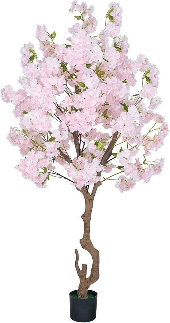 Artificial Cherry Blossom Tree, 6ft Pink White and Champagne Silk Flowers, Indoor Potted Plant, Faux Blossom Tree for Home Decor (Pink)