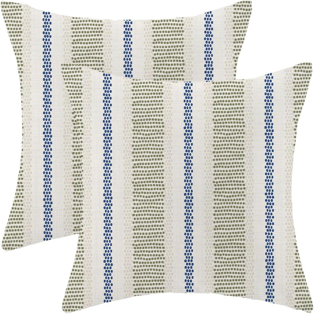 AEIOAE Sage Green Navy Blue Outdoor Pillow Covers 18 x 18 Inch, Beige Polka Dots Stripe Decor Throw Pillows for Couch Bed, Boho Modern Farmhouse Decorative Pillowcase Linen Cushion Cover Set of 2