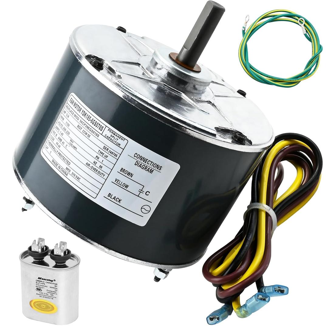 Condenser Motor Replaces Carrier # 5KCP39EGS070S, HC39GE237, 5KCP39EGY823S, Genteq GE3905, Dayton 6DLL0, Bryant Payne HC39GE234A etc AC/Air Conditioner, 1/4HP 1100 RPM with Capacitor