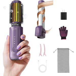 Cordless Curling Iron Brush, 8000mAh, 4 Temp Setting, 1/1.5 inch 2 in 1 Portable Mini Travel Hot Comb,Rechargeable Hair Curler Cordless with 200 Million Negative Ions, Dual Voltage for Travel
