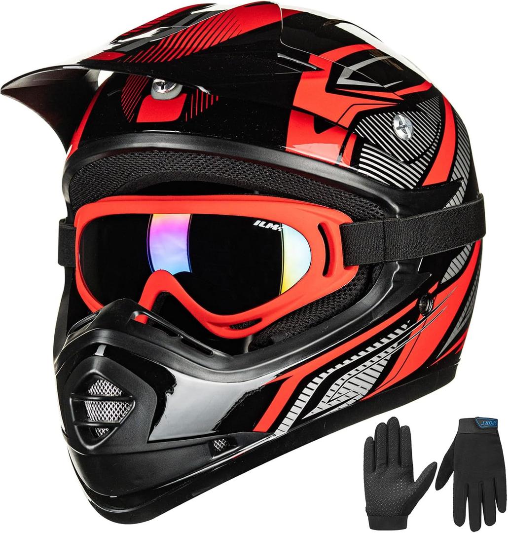 ILM Youth Kids ATV Motocross Helmet Goggles Sports Gloves Dirt Bike Motorcycle Off Road DOT Approved B07 (Youth-L, Red/Silver)