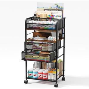 Art cart, 5 Tier Rolling Cart - Utility Cart with Storage Drawer and Wheels, Versatile Art & Craft Organizer for Home, Office, or Studio Ideal for Storing Brushes, Paints (Brown)