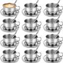 12 Pack Stainless Steel Coffee Cup Set, 6.8 oz Coffee Cups Mugs with Saucer and Spoon Double Wall Espresso Silver Cup with Handle for Cappuccino, Tea, Milk, Ideal Gift for Espresso Tea Lover