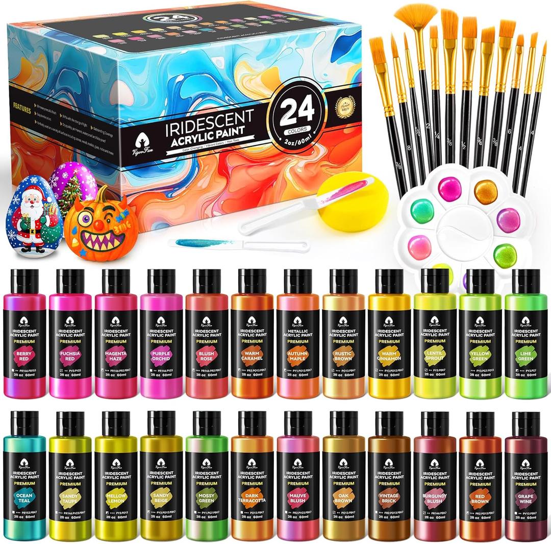 40 Pcs Iridescent Acrylic Paint Set with 12 Brushes, 2 Knives & Palette, 24 Colors (2oz/60ml) - for Adults, Artists & Beginners - Canvas Ceramic Rock Wood Egg Painting Kit