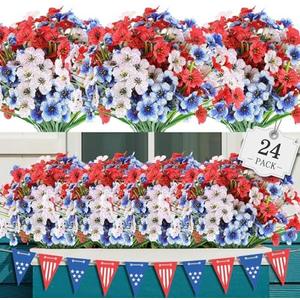 AGIRL 24 Bundles Artificial Flowers for Outdoor,No Fade Fake Plastic Flowers for Garden Porch Window Box Home,Red White Blue Faux Plants for 4th of July Memorial Day Independence Day Patriotic Decor