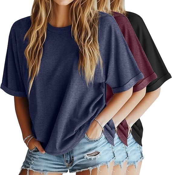 Riyiper 3 Pack Women's Oversized TShirt Half Sleeve Summer Tees Casual Loose Fit Crew Neck Basic Tops(Fuchsia, Navy Blue, Black,Large)