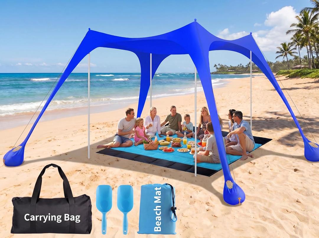 12x12 FT Beach Tent Sun Shelter UPF 50+, XL Beach Canopy with 4 Thickened Aluminum Poles, Sandbags, Windproof Portable Beach Sun Shade with Beach Blanket, Shovels, for Outdoor Camping Fishing RV Trip