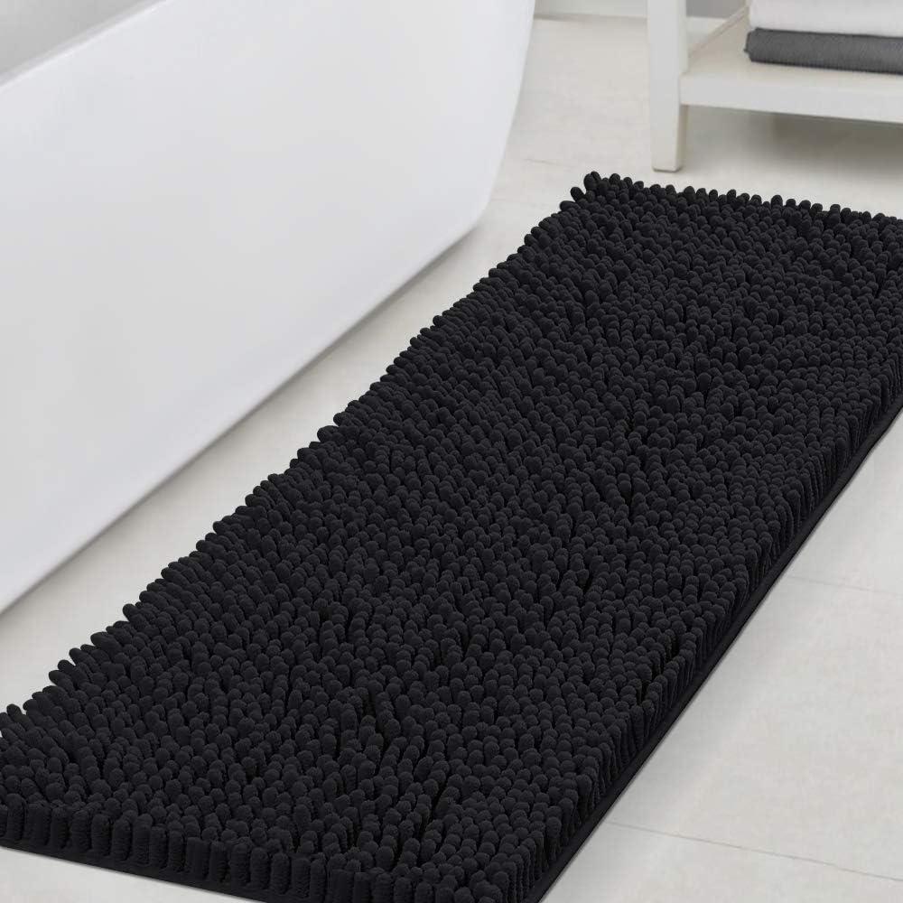 H.VERSAILTEX Bathroom Rugs Bath Mats Non Slip Chenille Bathroom Runner Rug 47x17 Extra Soft and Absorbent Shaggy Rugs Washable Dry Fast Plush Area Carpet Mats for Bath Room, Tub - Black