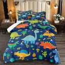 Cute Blue Dinosaur Comforter Set for Kids Teens - Queen Size, Soft Breathable All Season Quilt 3Pcs with 2 Pillowcases (Ad1)