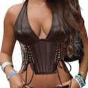 Women's Y2K Leather Halter Corset Tops Backless Shapewear Top Slit Grommet Eyelet Lace Up Party Tank Club Outfits (Brown, S)