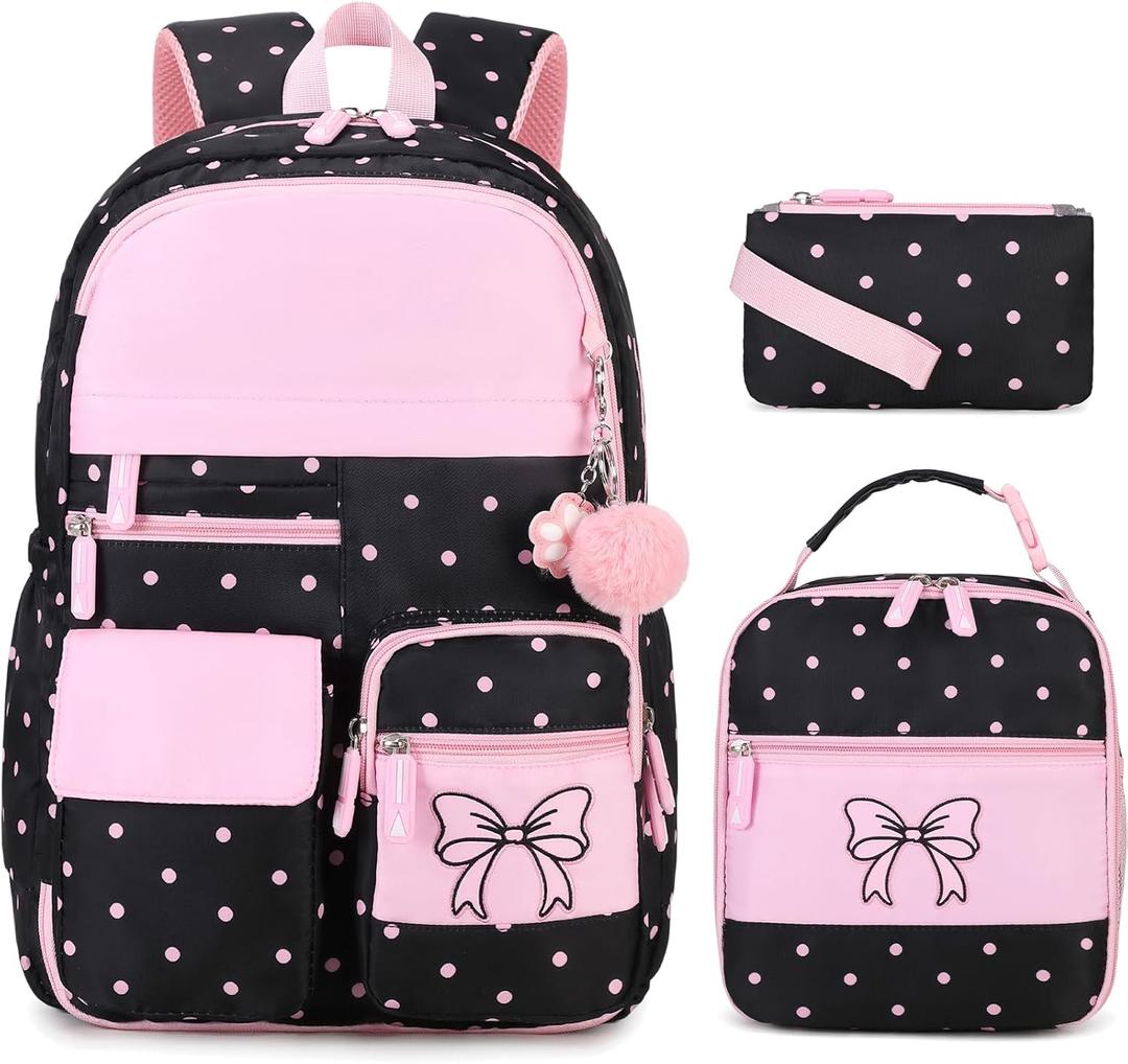 Girls Backpack, Cute Cat School Backpacks for Girls with Insulated Lunch Box Pen Case Set, Kids Backpack Kindergarten Elementary Middle School Book Bag for Teen Girl Children Students