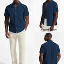 PJ PAUL JONES Mens Linen Shirt Cotton Hawaiian Shirts Short Sleeve Button Down Casual Cuban Summer Beach Shirts with Pocket (Blue, M)