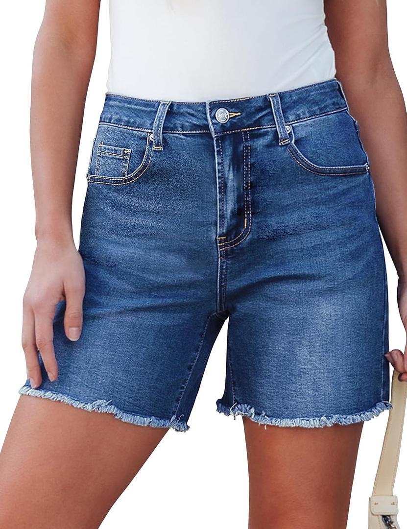 luvamia FleXclusive Jean Shorts for Women Trendy High Waisted Stretchy Denim Summer Casual Raw Hem Mom Long Cutoff Jorts Shorts Women Medium Blue Size XX-Large Fits US 20-22