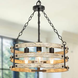 DLLT 3-Light Farmhouse Chandelier Light Fixtures, Rustic Drum Hanging Pendant Lighting, Semi Flush Mount Ceiling Light for Dining Room Kitchen Entryway Foyer Hallway, Black Metal Finish, E26 Base