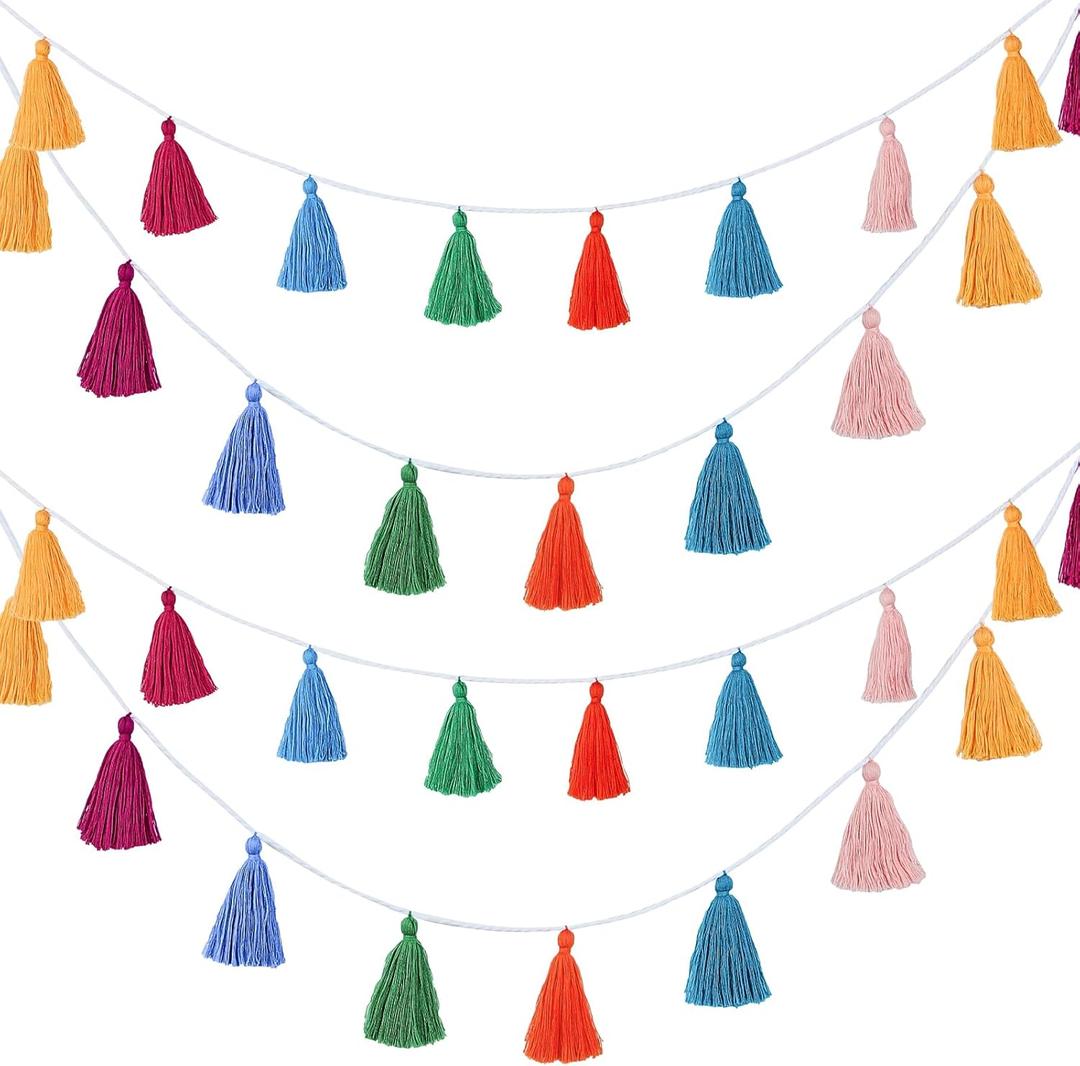 4 Pcs Rainbow Tassel Garland Party Decor, Colorful Boho Wall Hanging Banner for Birthday Birthday Wedding Baby Shower Party, Classroom, Bedroom, Nursery Home Decor(Multicolor,3.15 Inch) (Sweet Pink, Fresh Blue, Bright Orange, Yellow)